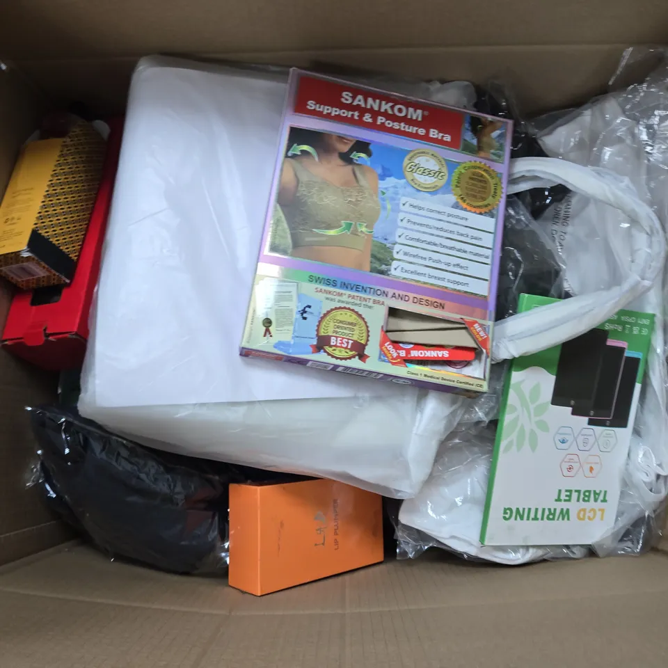APPROXIMATELY 20 ASSORTED ITEMS TO INCLUDE DUNLOP ICE TOWEL, SANKOM SUPPORT & POSTURE BRA, LCD WRITING TABLET, ETC
