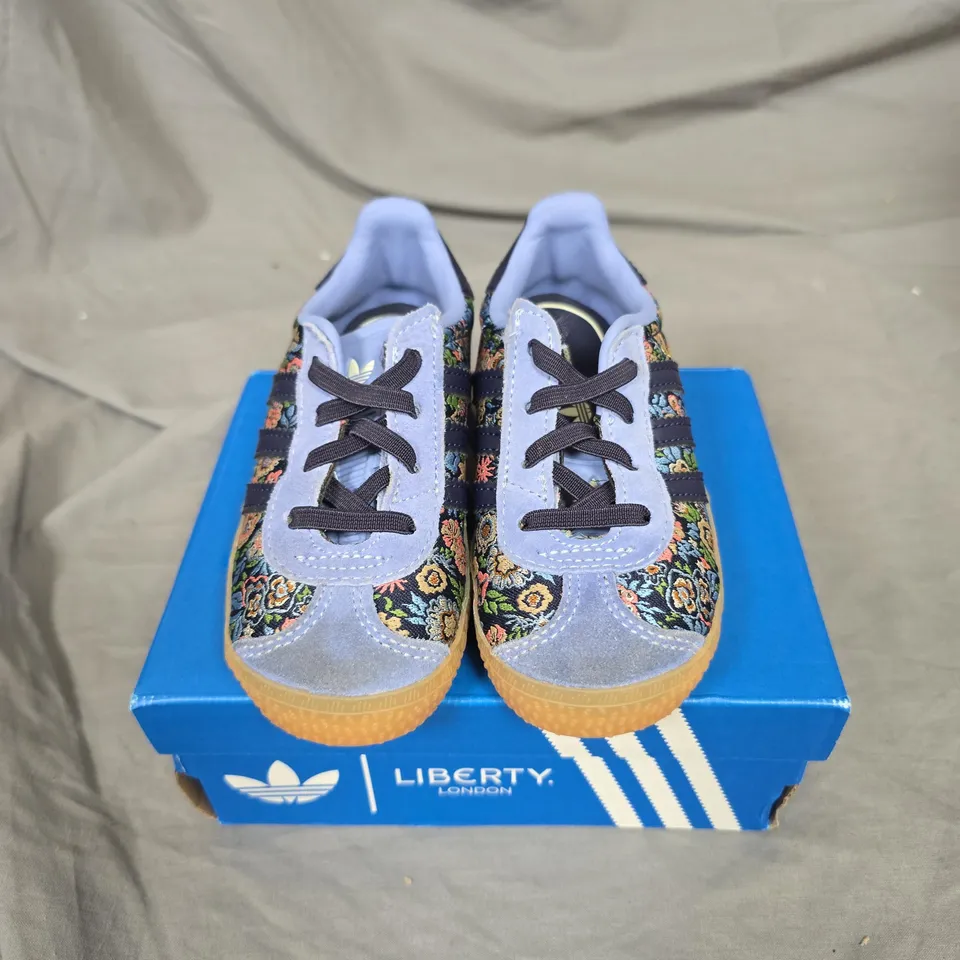 ADIDAS GAZELLE CF EL I KIDS' TRAINERS – FLORAL LIBERTY PRINT WITH LILAC SUEDE, UK 8K