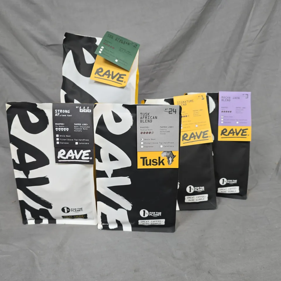 LOT OF 5 ASSORTED PACKS OF RAVE COFFEE BEANS - 1 X 1KG 4 X 250G