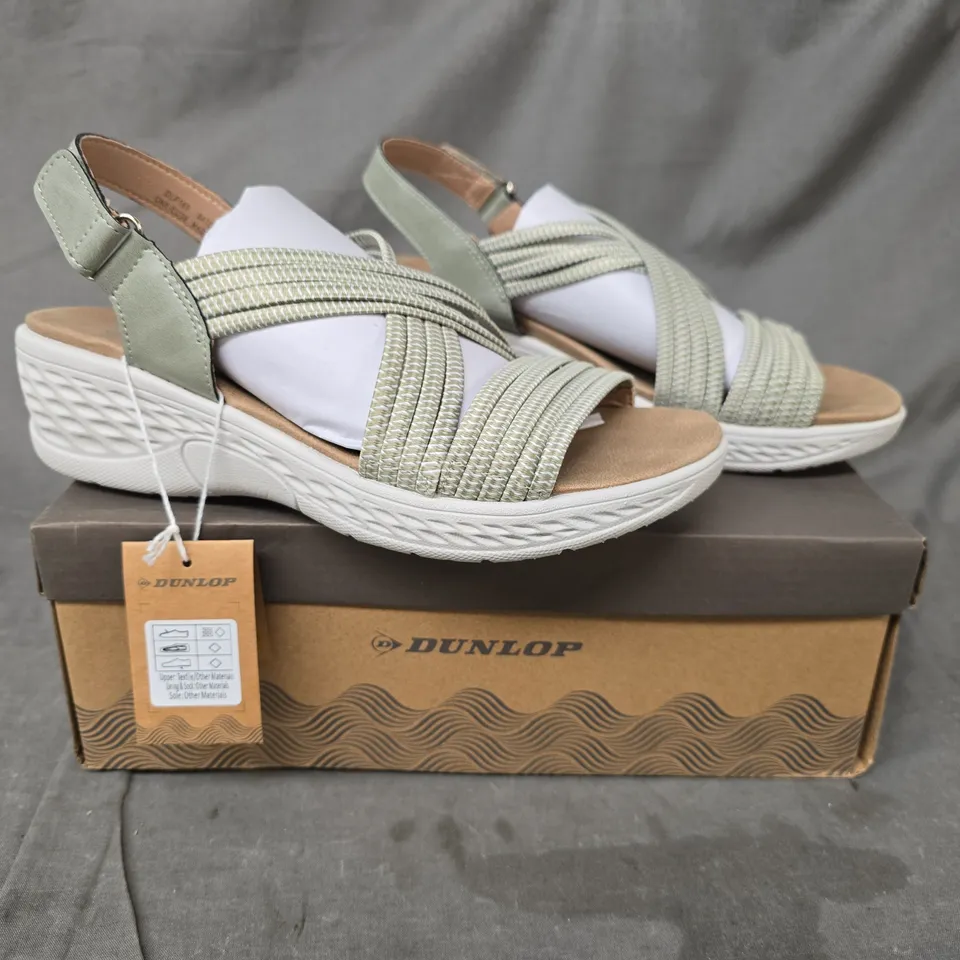 BOXED PAIR OF DUNLOP OPEN TOE WEDGE SANDALS IN SAGE SIZE EU 39