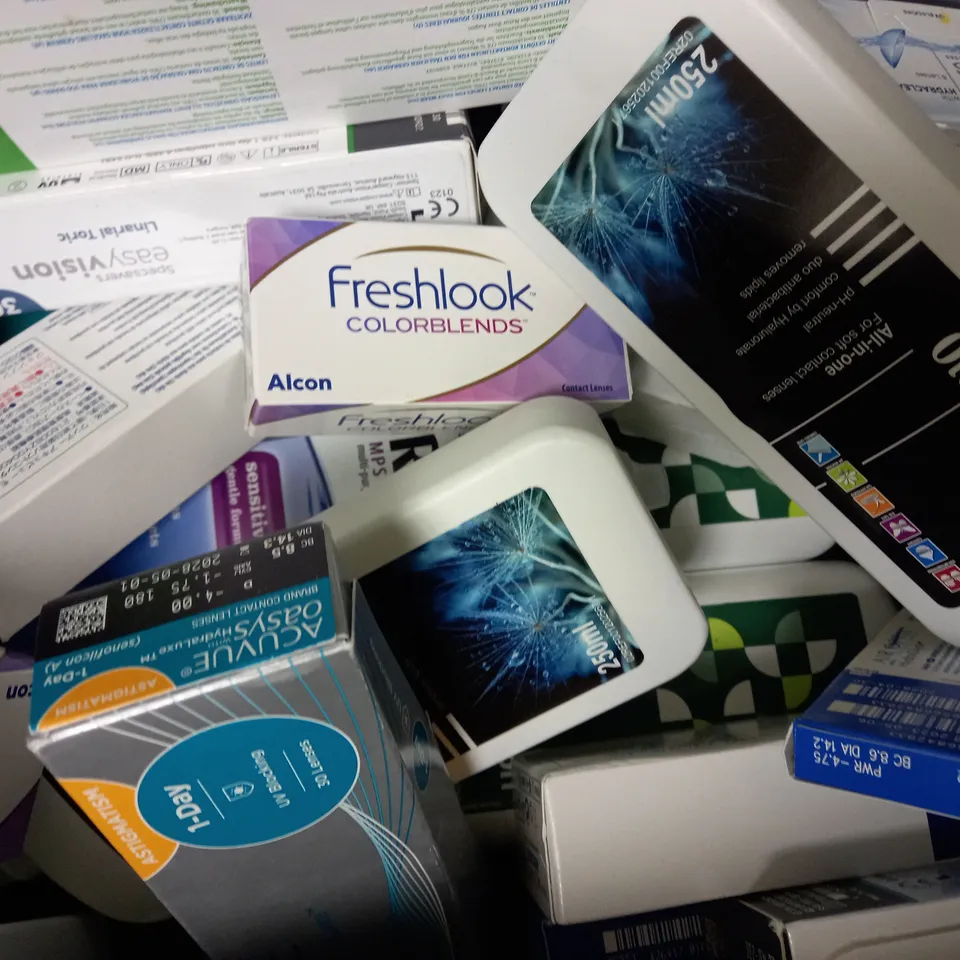 BOX OF APPROX 25 ASSORTED CONTACT LENSES AND CONTACT LENSE SOLUTIONS