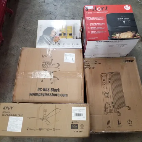 PALLET CONTAINING ASSORTED PRODUCTS INCLUDING 2500W OIL HEATER WITH TIMER, LED CEILING FAN, OFFICE CHAIR, HEATED THROW & AIR FRYER