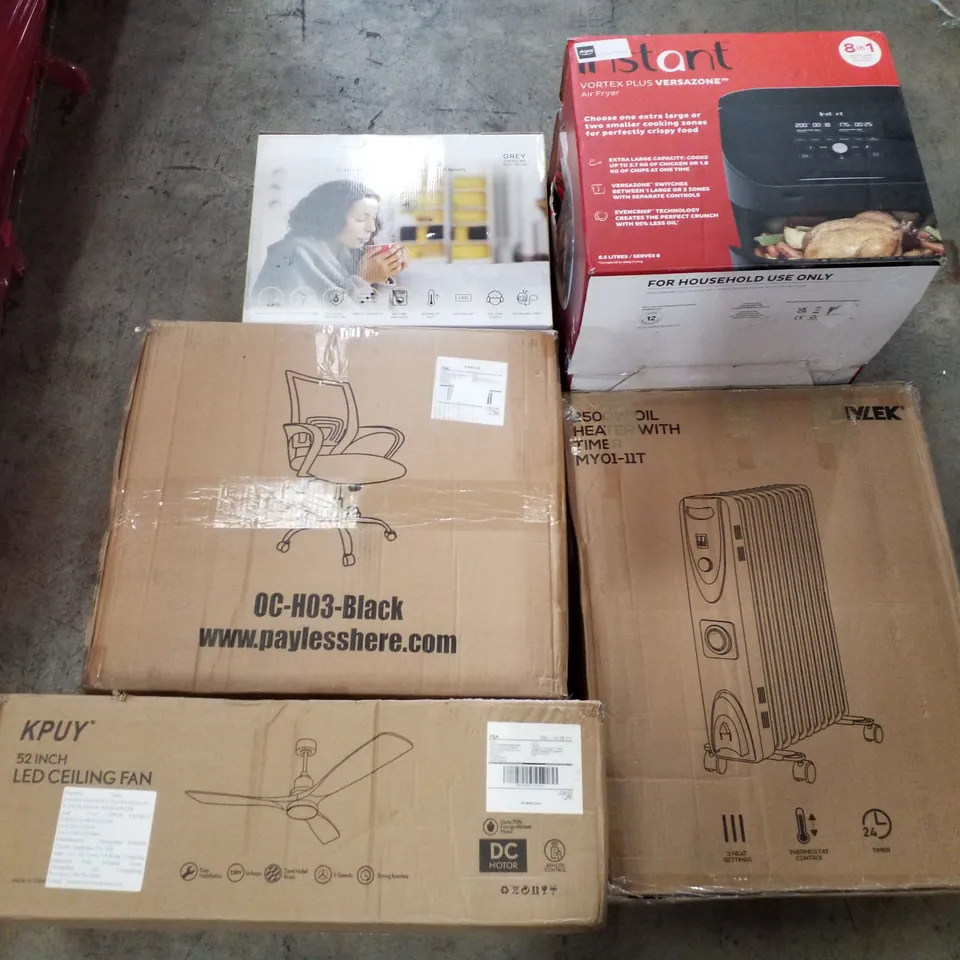 PALLET CONTAINING ASSORTED PRODUCTS INCLUDING 2500W OIL HEATER WITH TIMER, LED CEILING FAN, OFFICE CHAIR, HEATED THROW & AIR FRYER