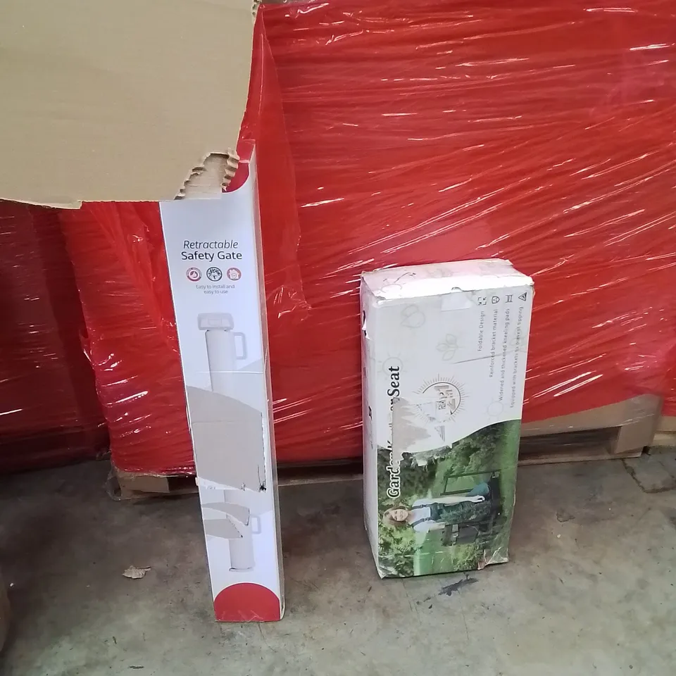 PALLET OF ASSORTED HOUSEHOLD GOODS AND PRODUCTS TO INCLUDE;RETRACTABLE SAFETY GATE,GARDEN SEAT
