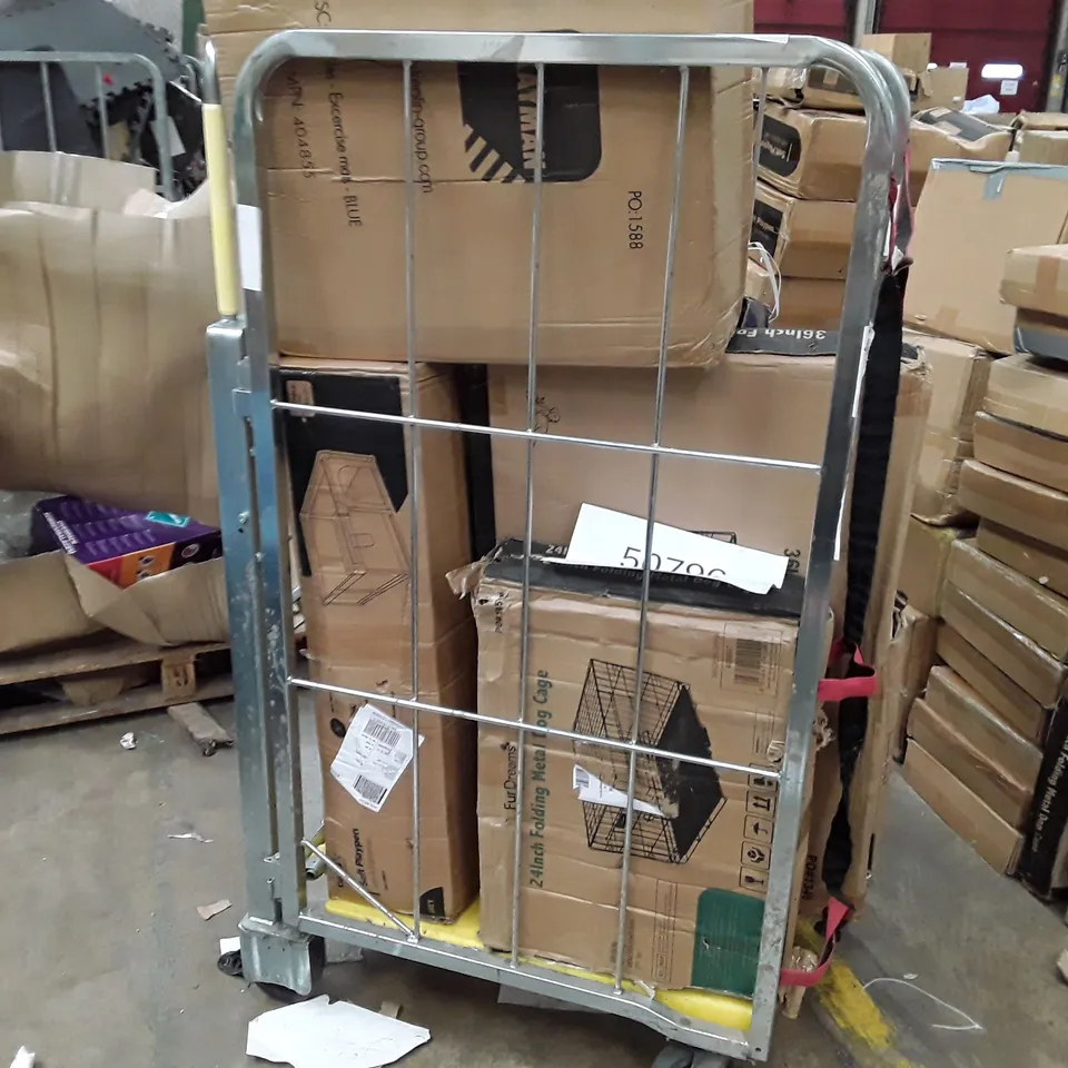 CAGE TO CONTAIN AN ASSORTMENT OF HOUSEHOLD ITEMS TO INCLUDE DUMBELL, DOG CRATES EXERCISE MATS ECT