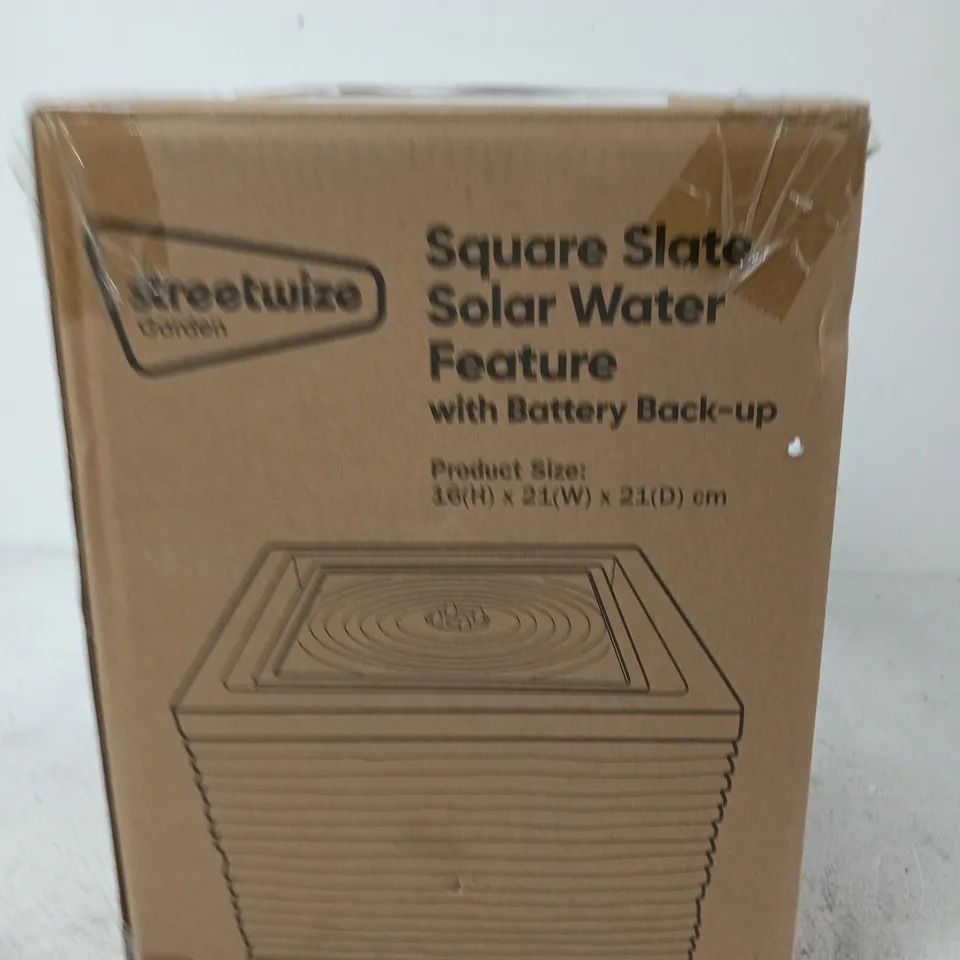 STREETWIZE SQUARE SLATE SOLAR WATER FEATURE WITH BATTERY BACK-UP – BOXED (16(H) X 25(W) X 25(D) CM)