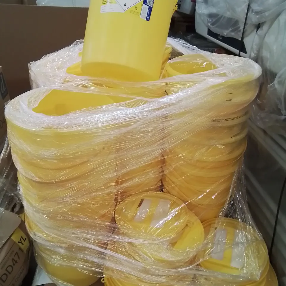 PALLET CONTAINING APPROXIMATELY 38 SHARPGUARD YELLOW 22 HAZARDOUS WASTE BUCKETS & LIDS