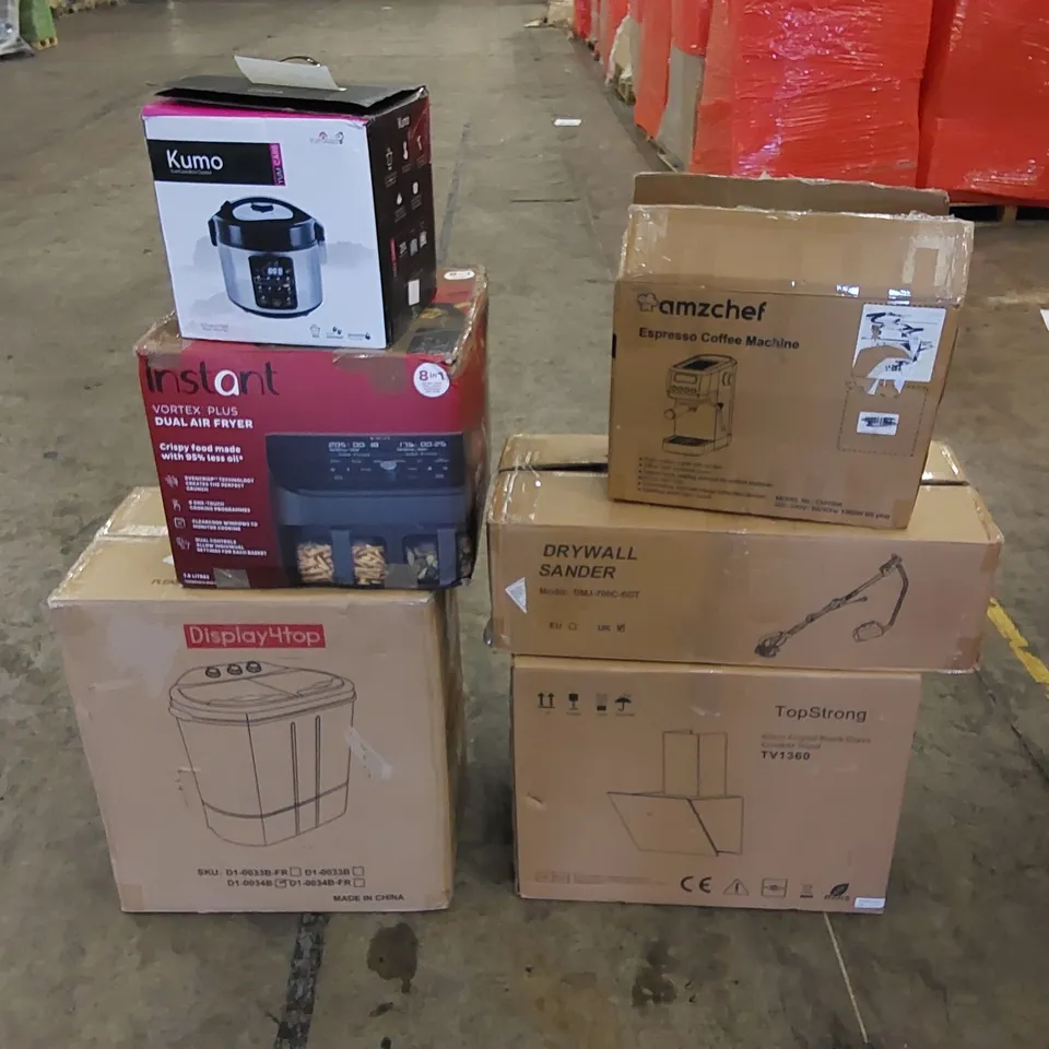 PALLET TO CONTAIN ASSORTED HOUSEHOLD ITEMS AND CONSUMER PRODUCTS. INCLUDES COOKER HOOD, MINI WASHING MACHINE, DRYWALL SANDER, COFFEE MACHINE, AIR FRYER, RICE COOKER ETC