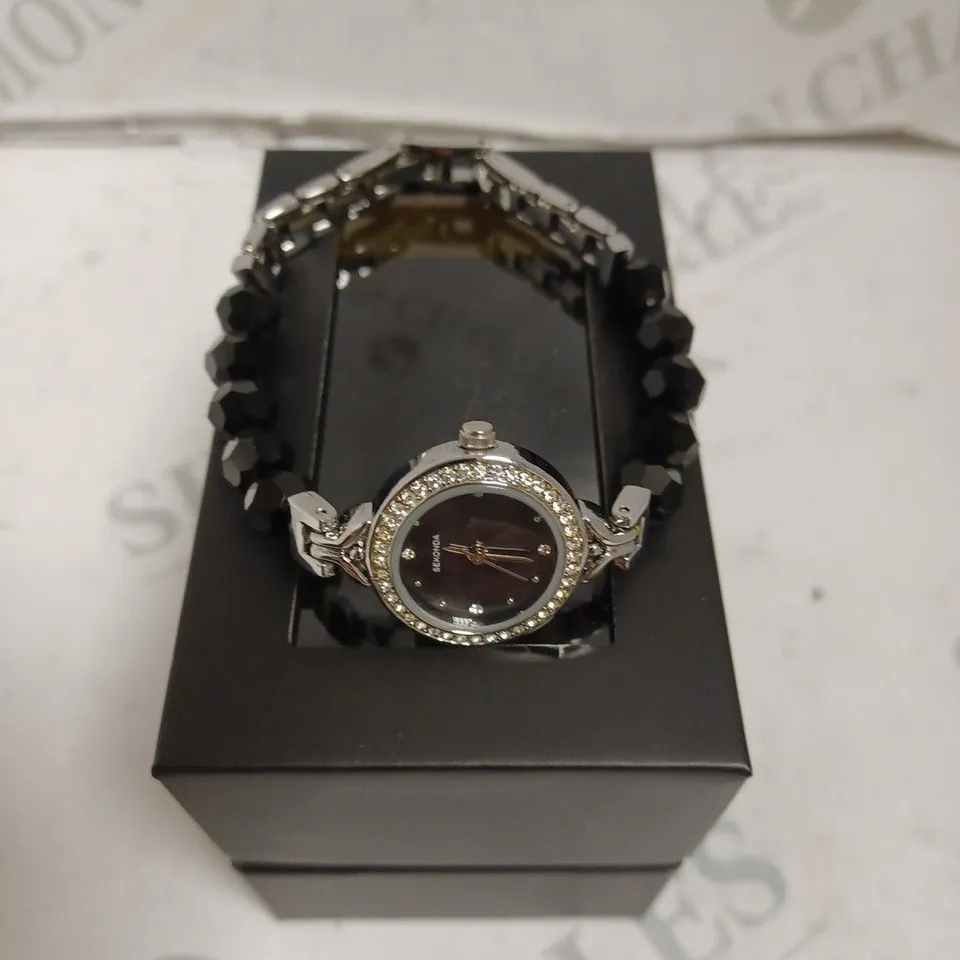 BOXED SEKONDA LADIES BLACK MOTHER OF PEARL DIAL WITH STONE BRACELET - JAPAN MOVEMENT.