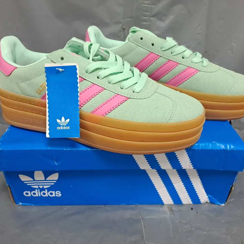 BOXED PAIR OF ADIDAS WOMEN'S GAZELLE BOLD SHOES IN MINT GREEN/PINK SIZE UK 6.5