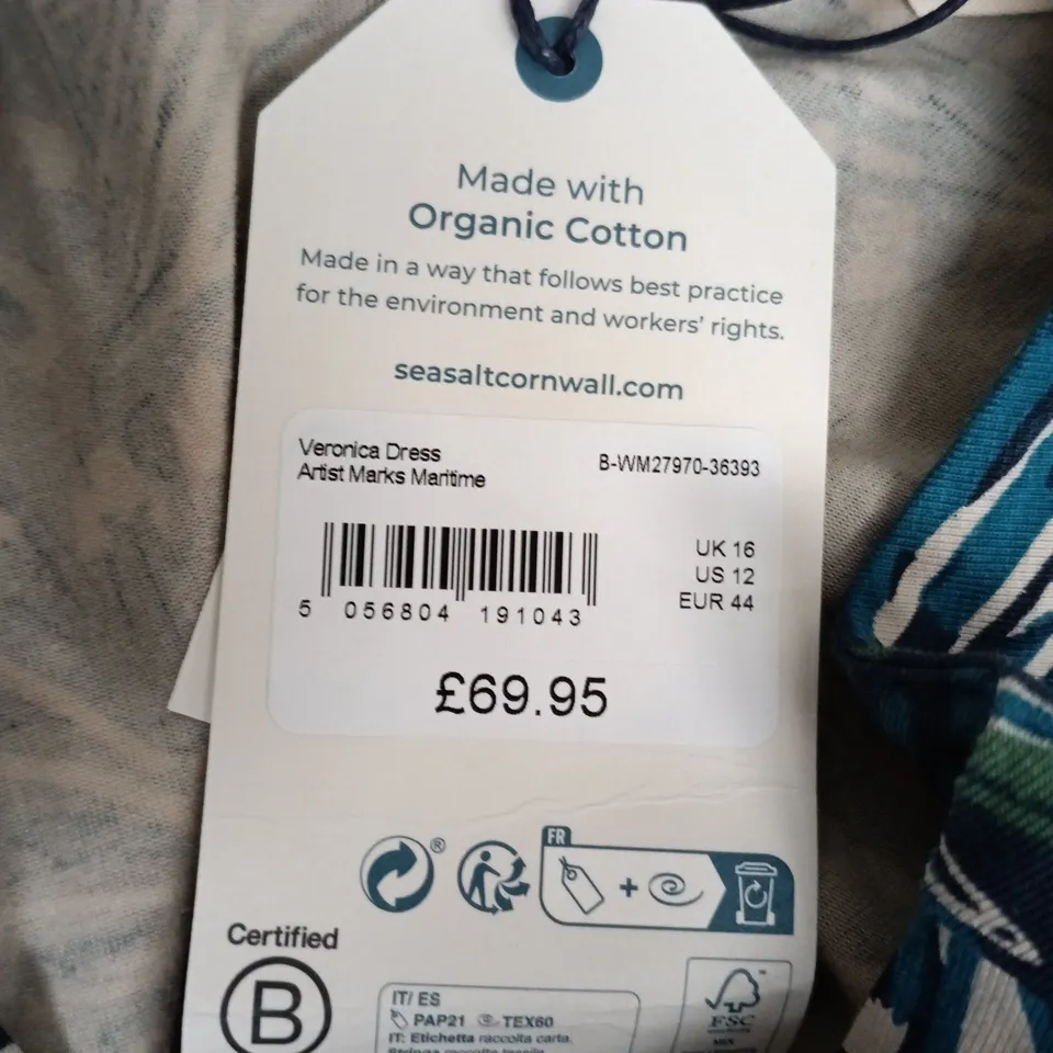 SEASALT CORNWALL VERONICA DRESS – ORGANIC COTTON, PALM LEAF PRINT, UK 16