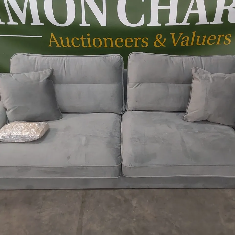 DESIGNER VICTORIA 4 SEATER GREY VELVET UPHOLSTERED SOFA 