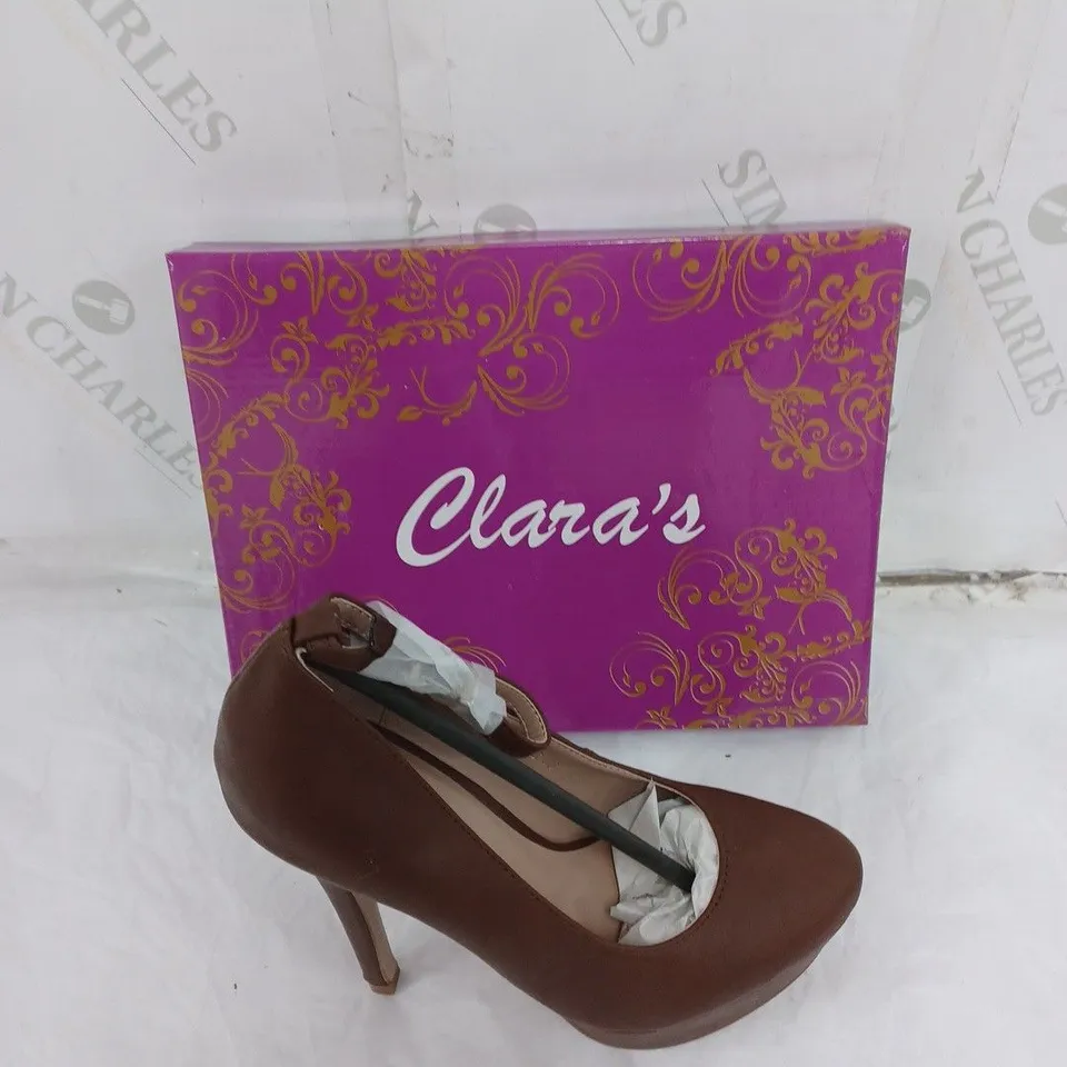 APPROXIMATELY 10 PAIRS OF BOXED CLARAS CAFE HEELS IN VARIOUS SIZES 