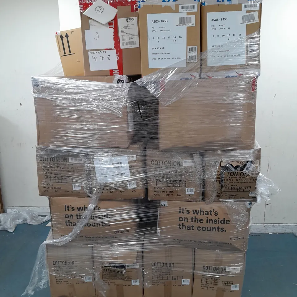 PALLET OF APPROX 35 BOXES OF ASSORTED BRAND NEW CLOTHING ITEMS IN VARIOUS SIZES & COLOURS TO INCLUDE - JEANS , LEGGINGS , SHAKET ETC- COLLECTION ONLY