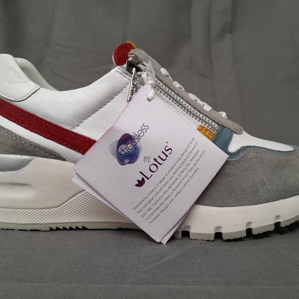 BOXED PAIR OF STRESSLESS BY LOTUS SUZUKA SHOES IN WHITE/MULTICOLOUR UK SIZE 6
