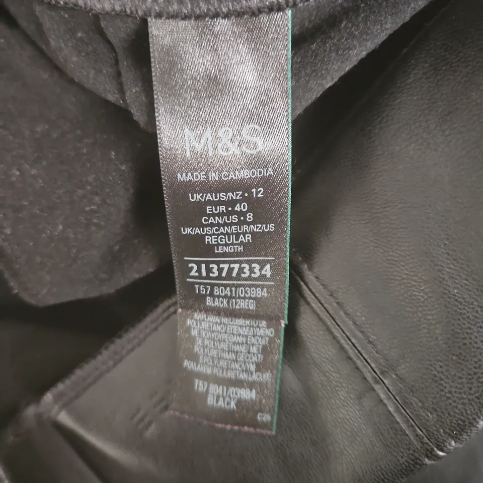M&S LEATHER-LOOK TROUSERS – UK 12 (EU 40) REGULAR LENGTH, BLACK