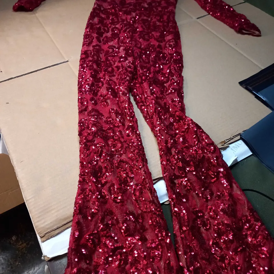 DESIGNER NUDE/RED SEQUIN DETAILED FLARED JUMPSUIT - SMALL
