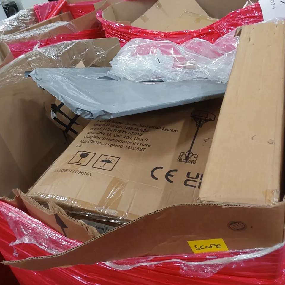 LARGE PALLET OF ASSORTED HOUSEHOLD PRODUCTS TO INCLUDE; JUNIOR BASKETBALL SYSTEM, STEEL HANDLE OFFICECHAIR, METAL COFFEE TABLE AND PICTURE FRAME