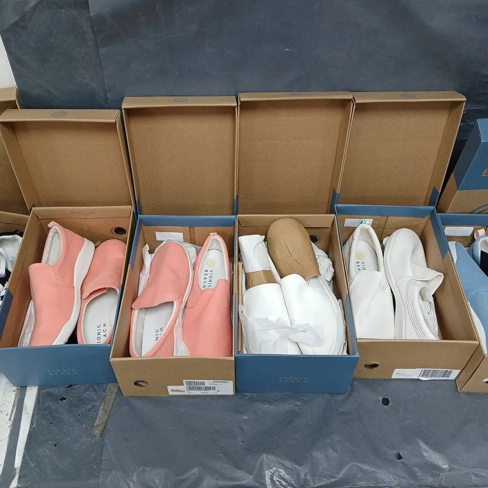 6 BOXED PAIRS OF VIONIC BEACH SHOES IN VARIOUS STYLES, SIZES, AND COLOURS 