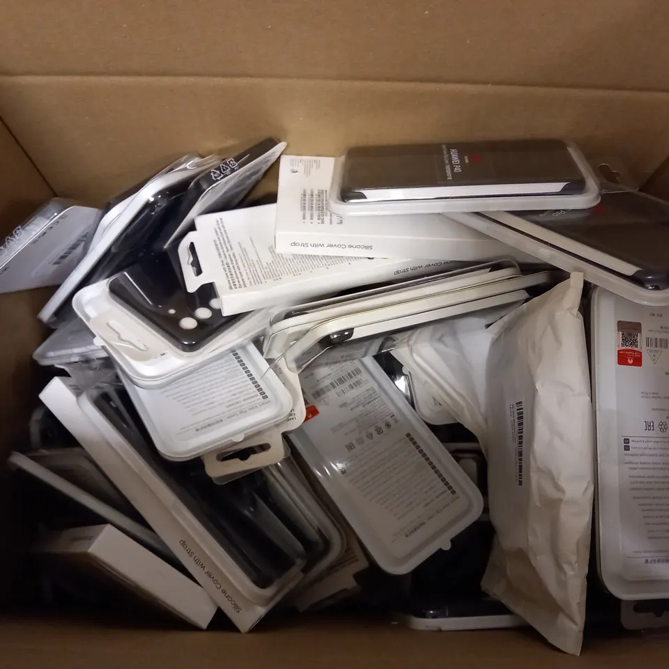 BOX OF APPROX 35 ASSORTED PHONE CASES TO INCLUDE - SAMSUNG SILICONE COVER WITH STRAP S22+ - SAMSUNG SILICONE COVER GALAXY A41 - GEAR 4 CRYSTAL PALACE IPHONE 2020 5.4 ECT