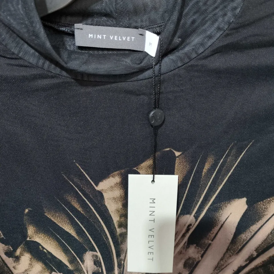 MINT VELVET BLACK FEATHER PRINT LONG-SLEEVE TOP, SIZE M