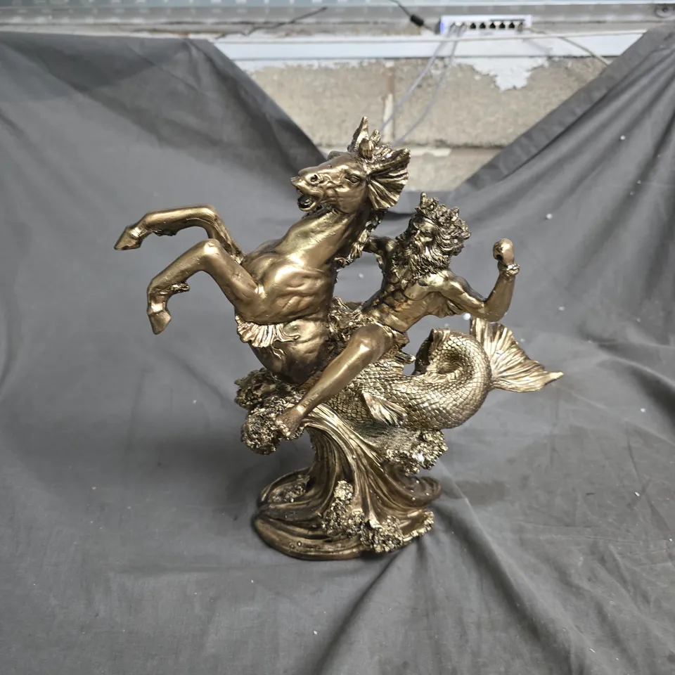 BRONZE-TONE HORSE AND MERMAID SCULPTURE ON WAVE-BASE PEDESTAL.