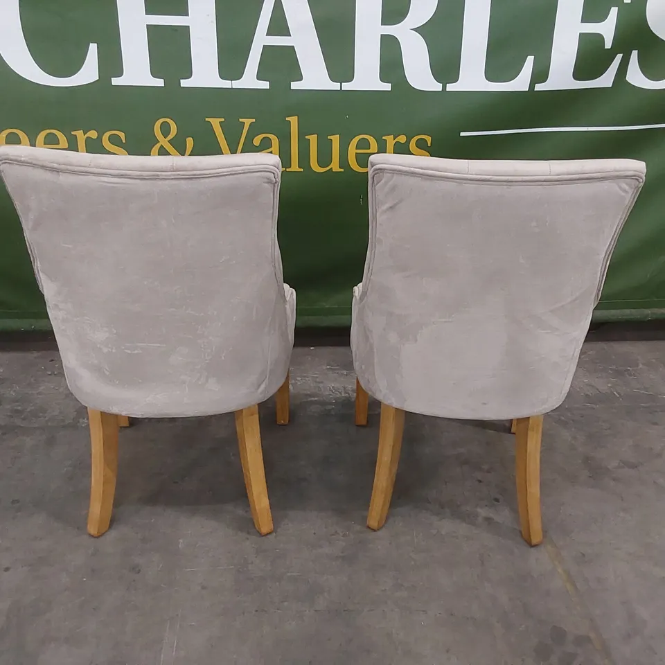SET OF 2 DUKE MINK VELVET BUTTON BACK DINING CHAIRS WITH OAK LEGS