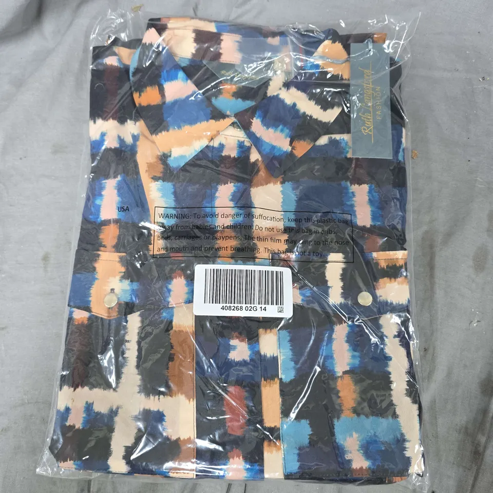 BAGGED RUTH LANGSFORD UTILITY STYLE SHIRT DRESS STANDARD IN CAMEL CHECK - UK 14T