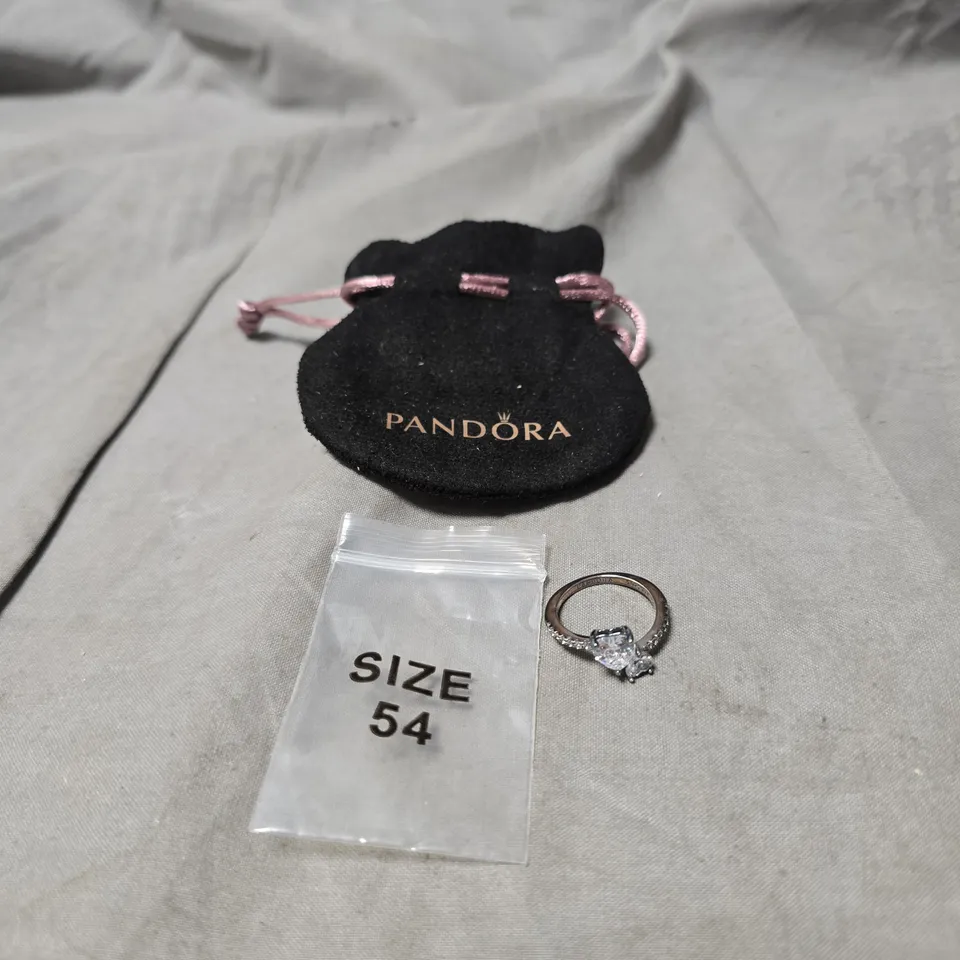 PANDORA SILVER RING WITH CRYSTAL DOUBLE HEART STONE, SIZE 54, S925 ALE – POUCH INCLUDED