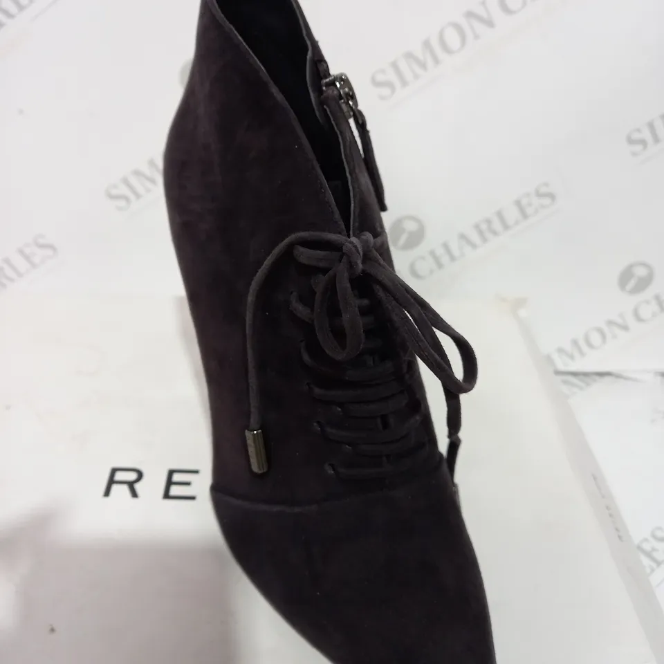 BOXED REISS SUEDE CHOCOLATE BOOT HEELS - SIZE 5
