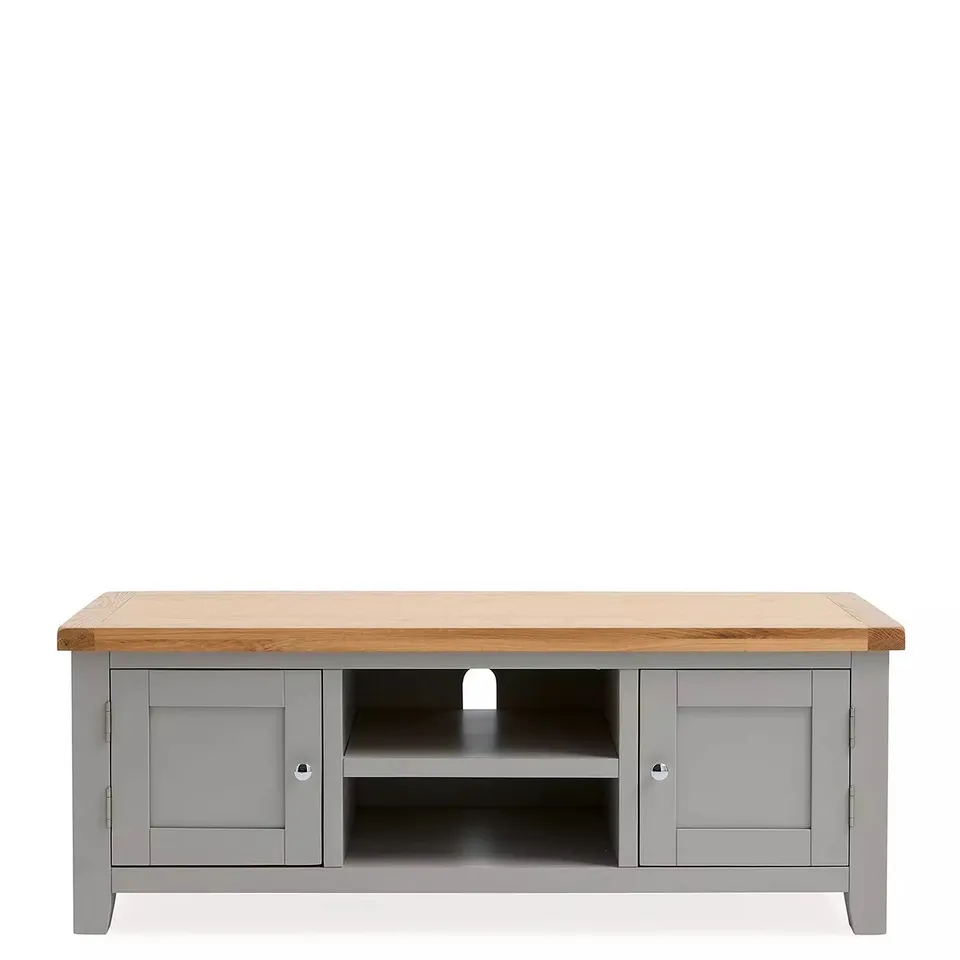 HAMILTON READY ASSEMBLED 2 DOOR TV UNIT - FITS UP TO 50 INCH TV - LIGHT GREY/OAK EFFECT