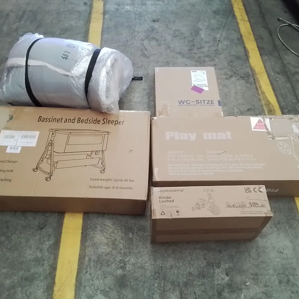 PALLET OF ASSORTED ITEMS TO INCLUDE: BASSINET AND BEDSIDE SLEEPER, PLAY MAT, KIDS BIKE, BEDDING, TOILET SEAT ECT