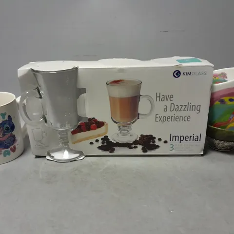 APPROXIMATELY 7 ASSORTED ITEMS TO INCLUDE -ARTHOUSE MUG , IMPERIAL GLASS GLASSES , STITCH MUG ETC