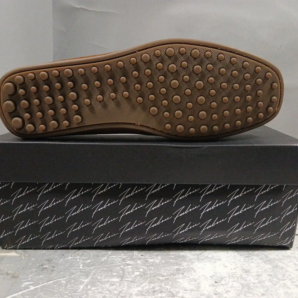 BOXED PAIR OF FABRIC MOCC SUEDE LOAFERS IN BROWN SIZE UK 9