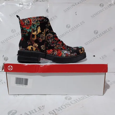 BOXED PAIR OF RIEKER LACE UP BOOTS MULTI/FLORAL PATTERN - SIZE 5