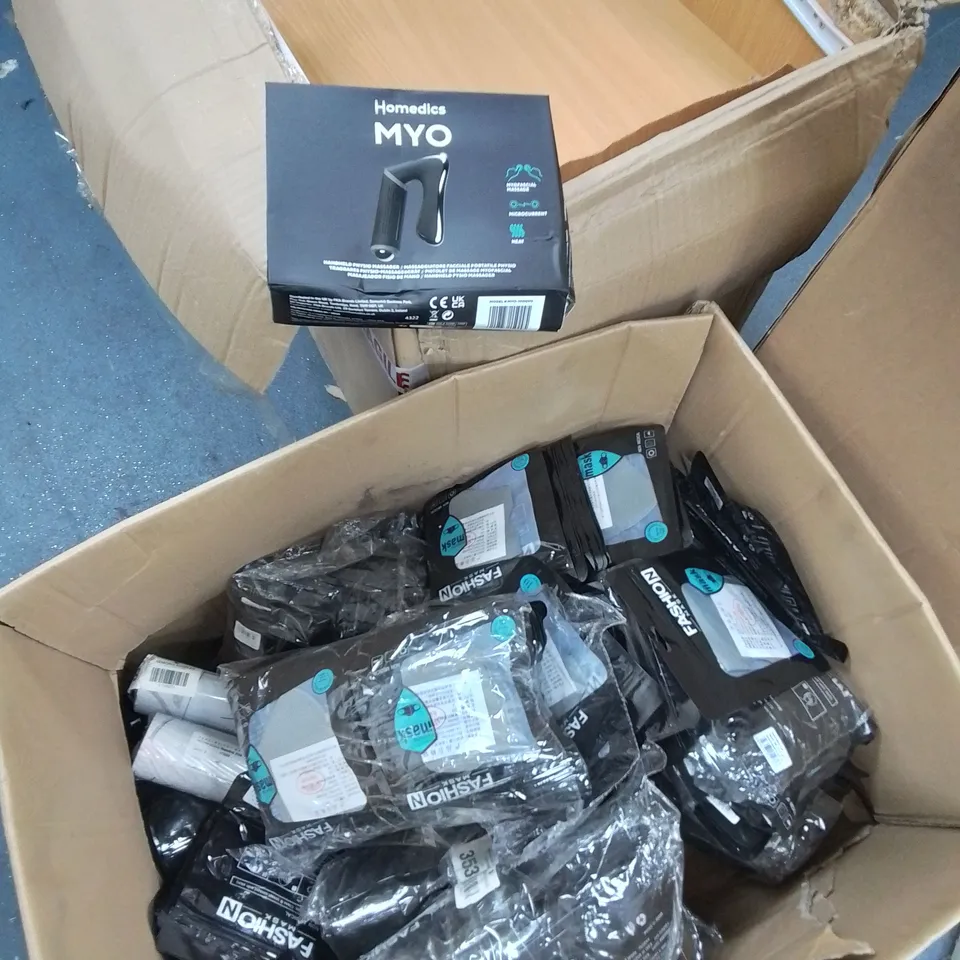 LARGE QUANTITY OF ASSORTED ITEMS TO INCLUDE VARIOUS AEROSOLS, FACE MASKS, MARLEE TABLE LAMP AND SFX WIRE