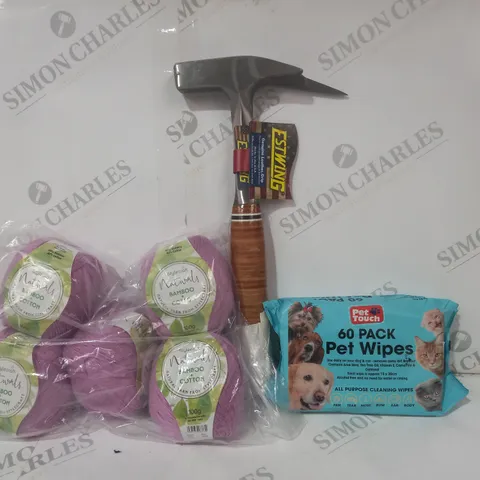 BOX OF APPROXIMATELY 15 ASSORTED HOUSEHOLD ITEMS TO INCLUDE 60 PACK PET WIPES, BAMBOO & COTTON KNITTING YARNS, ETC