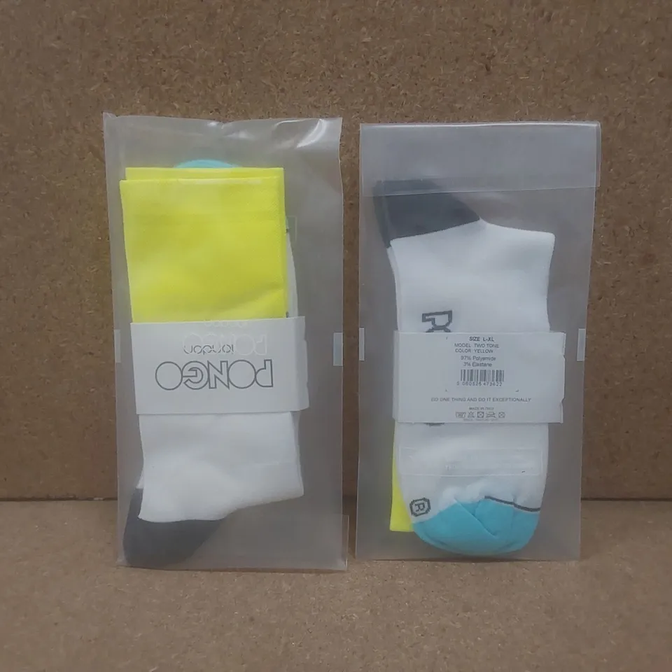 BOX TO CONTAIN APPROX 100 BRAND NEW PAIRS OF PONGO LONDON CYCLING SOCKS // SIZE: L-XL // 1 PAIR PER PACK