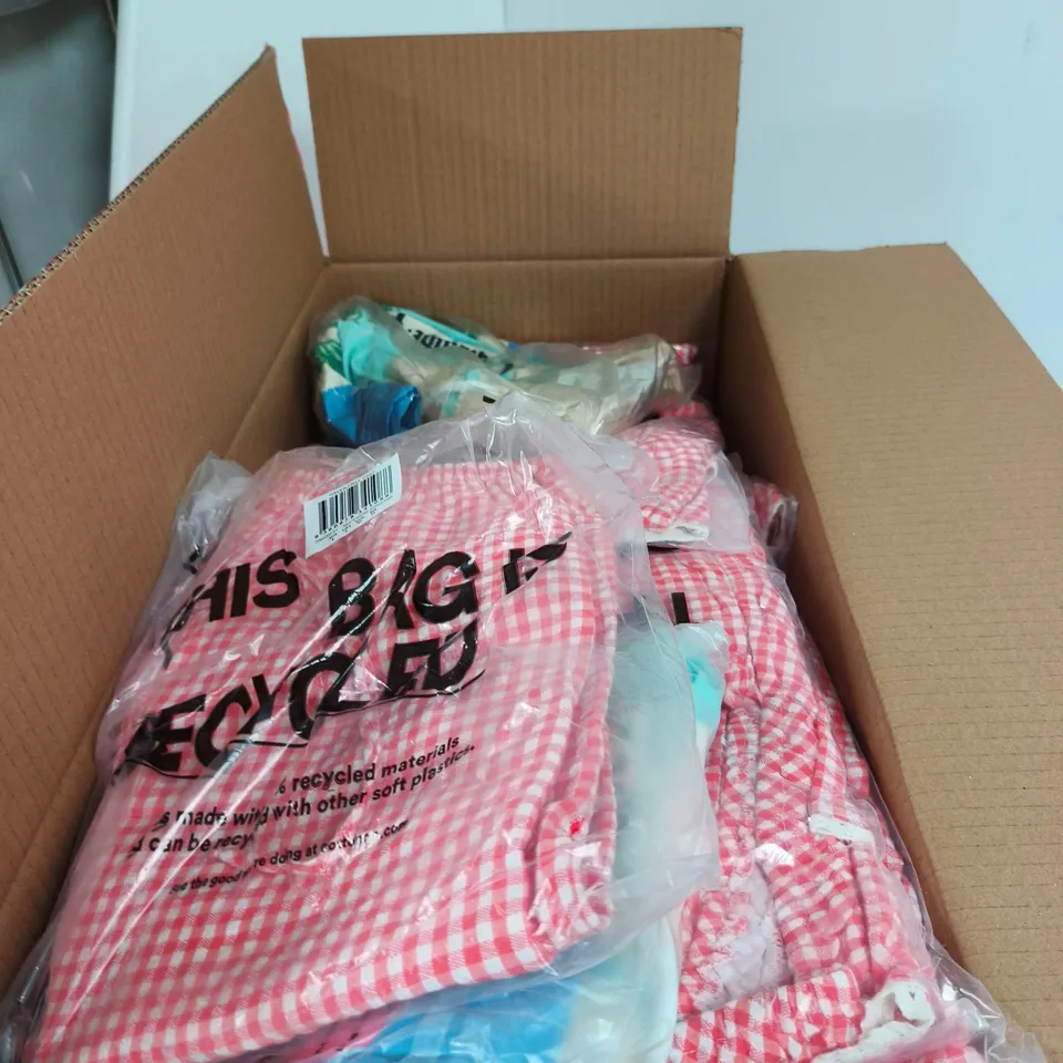 BOX OF APPROXIMATELY 18 ASSORTED CLOTHING ITEMS TO INCLUDE STRETCH SWIM SHORTS, HAVEN FRILL PANT ETC