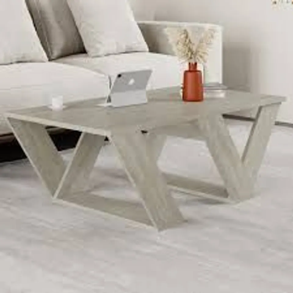 BOXED DECORTIE PIPRA TRAVERTINE WOOD MODERN COFFEE TABLE (1 BOX)