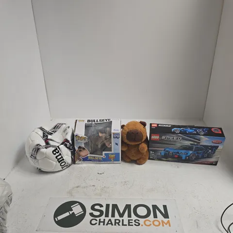 BOX OF APPROXIMATELY 15 ASSORTED TOYS INCLUDING LEGO SPEED CHAMPIONS BUGATTI VISION, POP BULLSEYE AND JOMA FOOTBALL 