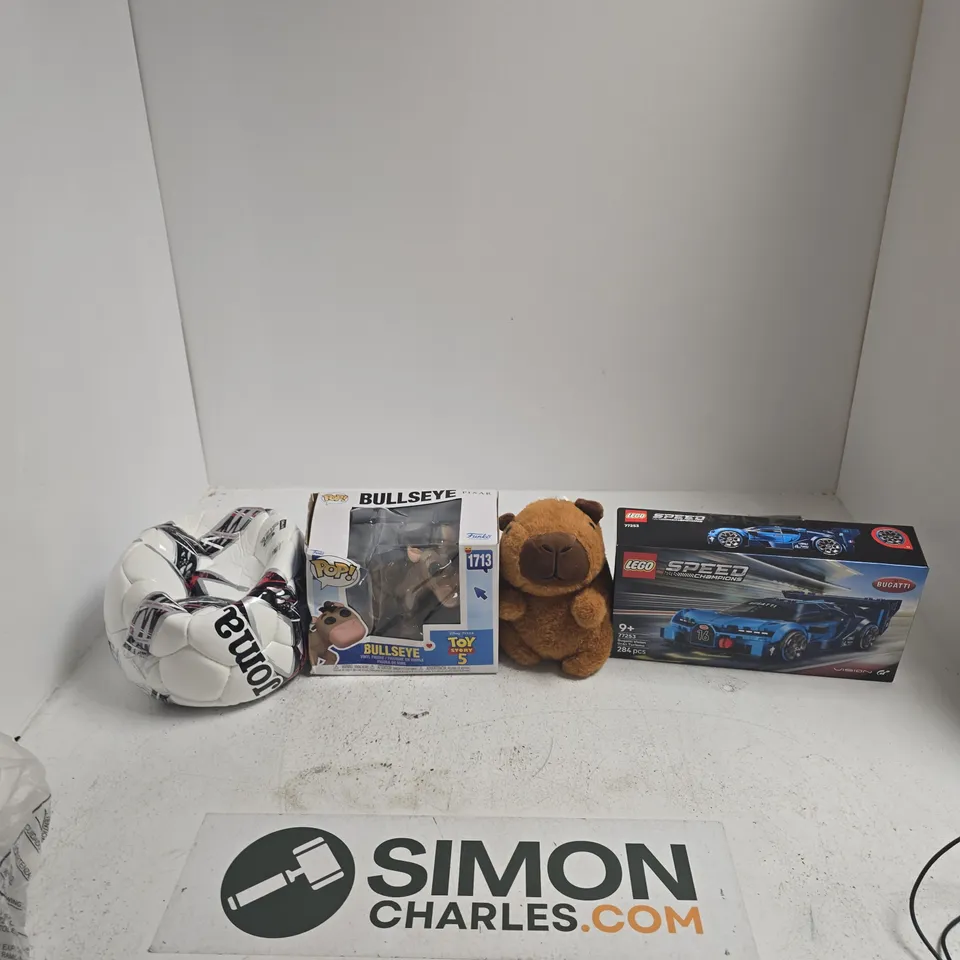 BOX OF APPROXIMATELY 15 ASSORTED TOYS INCLUDING LEGO SPEED CHAMPIONS BUGATTI VISION, POP BULLSEYE AND JOMA FOOTBALL