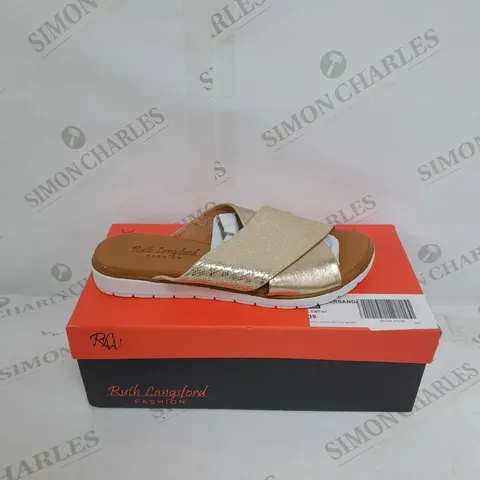 BOXED PAIR OF RUTH LANGSFORD SANDALS IN CHAMPAGNE GOLD SIZE 6