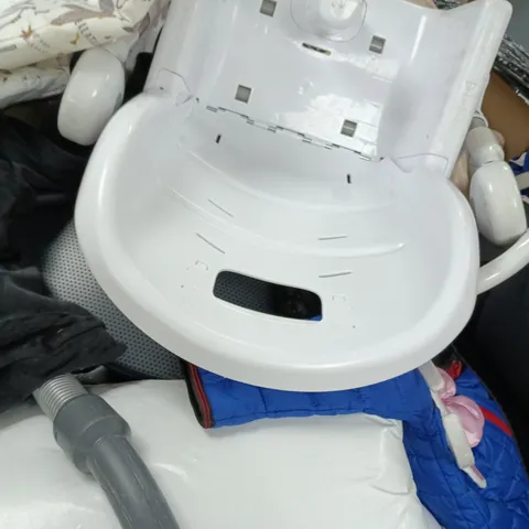PALLET TO CONTAIN A LARGE ASSORTMENT OF HOUSEHOLD ITEMS TO INCLUDE CLOTHING, HIGH CHAIR, VACUUM CLEANER, ETC - COLLECTION ONLY