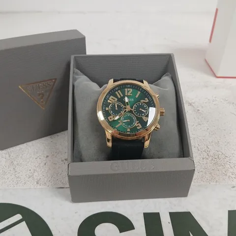 GUESS WATCH – GREEN DIAL, ROSE-GOLD TONE CASE, BLACK STRAP
