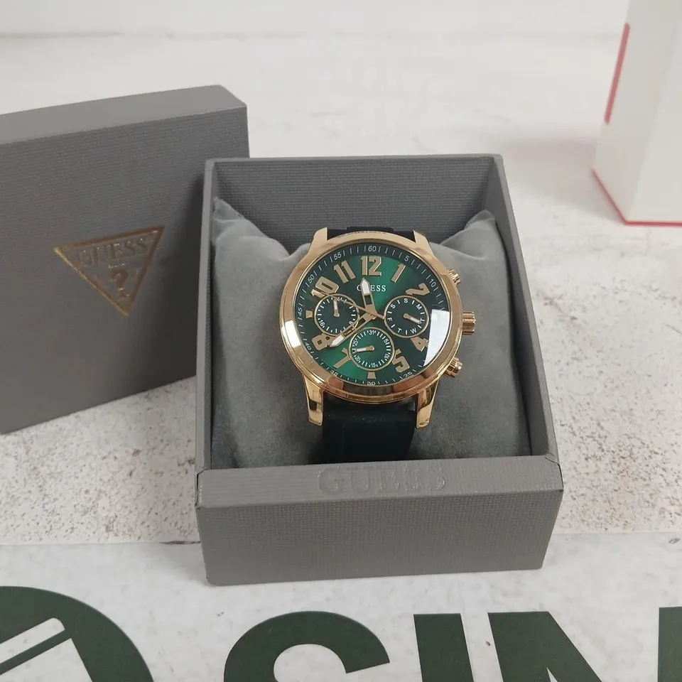 GUESS WATCH – GREEN DIAL, ROSE-GOLD TONE CASE, BLACK STRAP