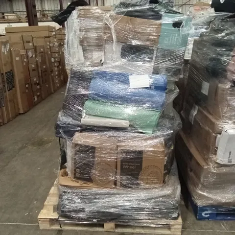 PALLET OF ASSORTED E-COMMERCE GOODS AND PRODUCTS TO INCLUDE; YOGA MATS, CAMPING CHAIRS, SUITCASES/CABIN BAGS, WHEEL BARROW WHEEL, KIDS CAR SEAT, CAMPING WAGON, LEAF BLOWER ETC