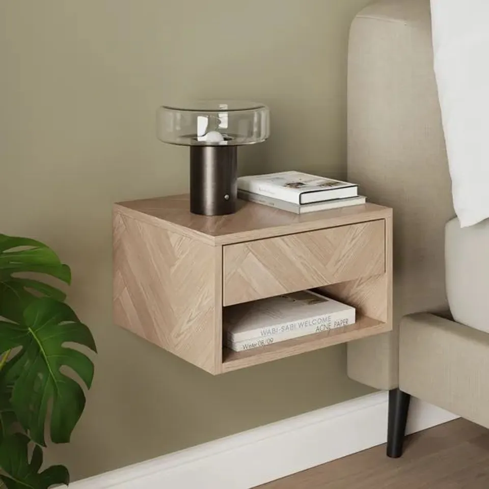 BOXED CASPER 1 DRAWER FLOATING BEDSIDE TABLE, MID OAK EFFECT (1 BOX)