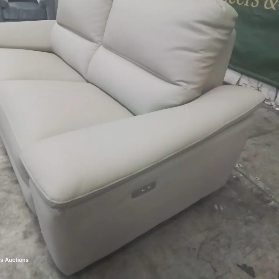 DESIGNER POWER RECLINING THREE SEATER SOFA LIGHT GREY LEATHER