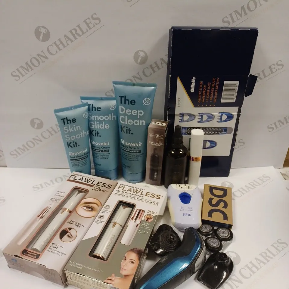 APPROXIMATELY 12 SHAVING AND HAIR REMOVAL PRODUCTS TO INCLUDE GILLETTE STYLER, THE SKIN SOOTHE KIT POST SHAVING BALM, FINISHING TOUCH FLAWLESS FACIAL HAIR REMOVER, WAHL EAR & NOSE TRIMMER ETC.